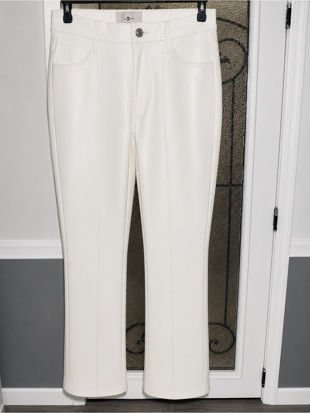 7 For All Mankind Cream Faux-Leather Straight-Leg Pants